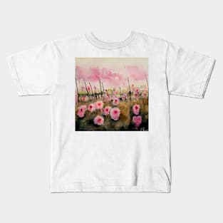 Cute pink watercolor flower field Kids T-Shirt
